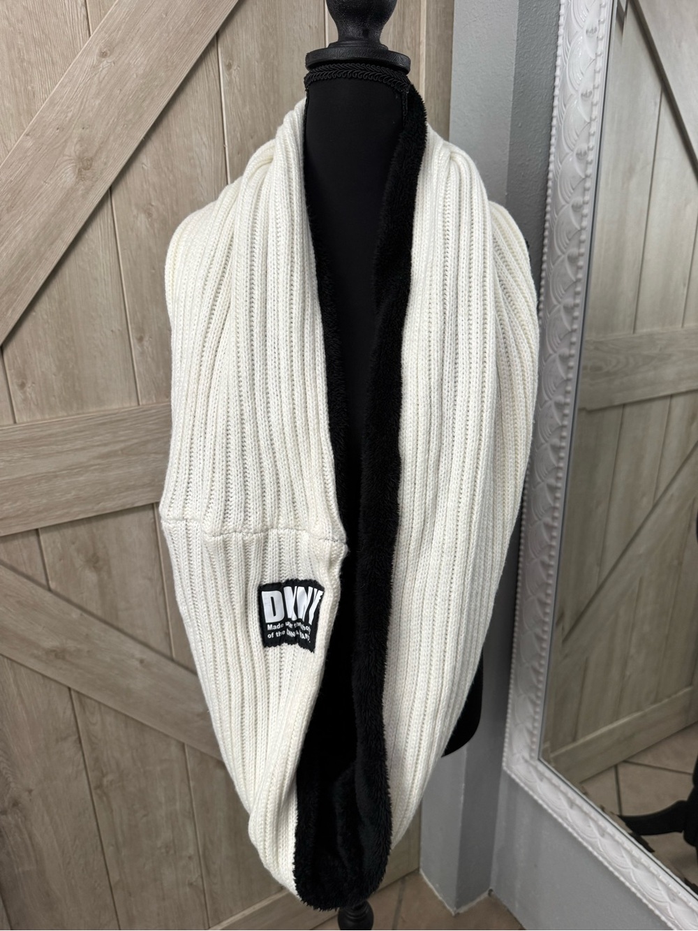 DKNY Cream and Black Ribbed Knit Infinity Scarf